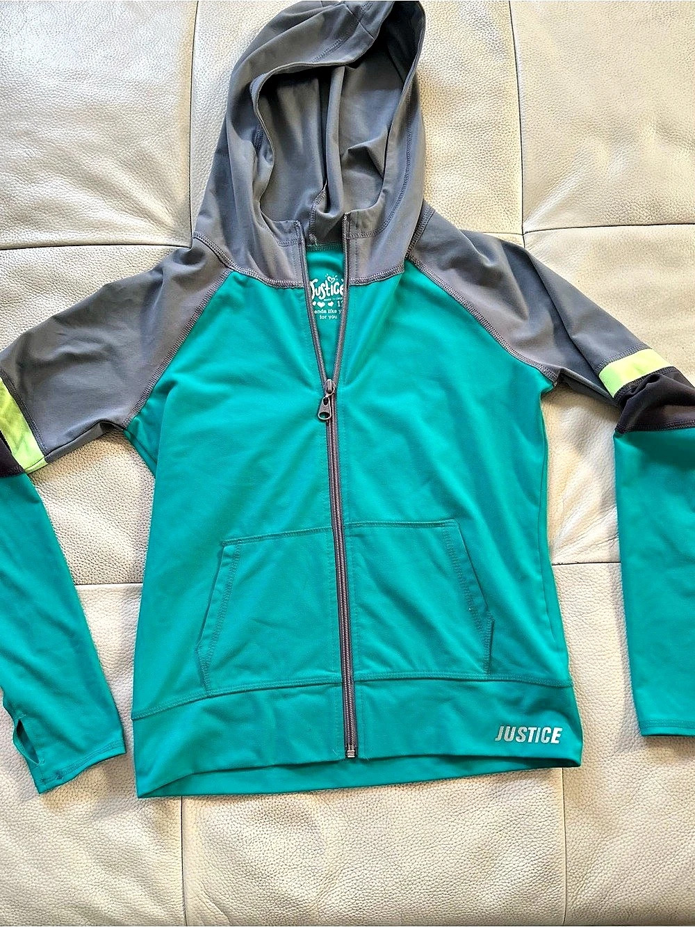 Justice Girls Active Full Zip Hoodie Green & Gray Size 12